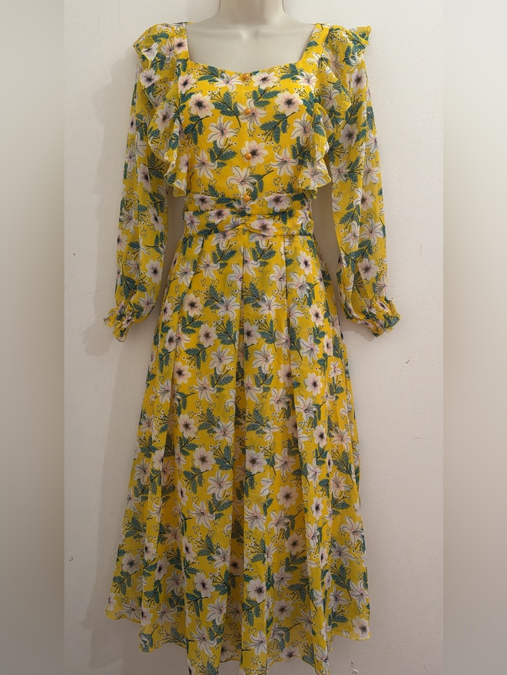 Yellow Floral Long Sleeve Midi Dress can fit s and m - Picture 1 of 7